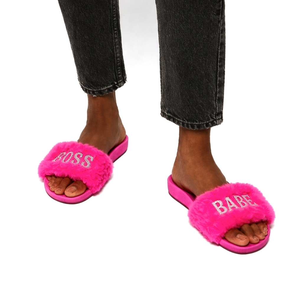 SHULTZ Boss Babe faux fur slides in Vibrant hot pink size 7.5